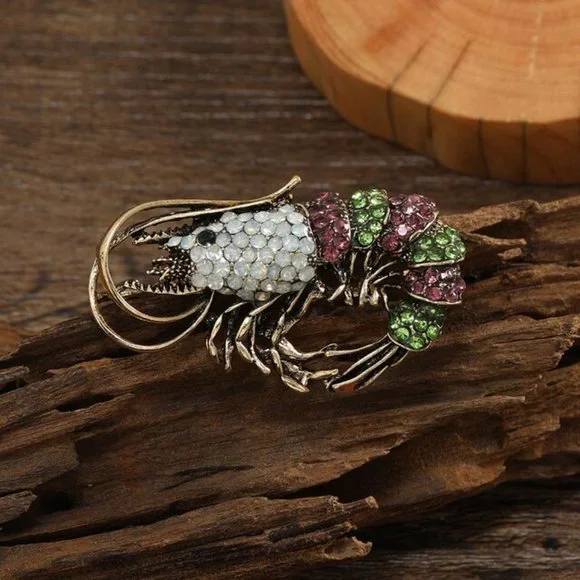 Pink Green Rhinestone Shrimp Pin Broach - Picture 1 of 3